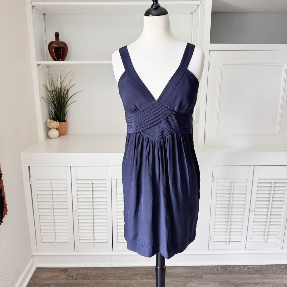 Sandro Navy Blue 100% Silk Pleated Criss Cross Mini Slip Dress Size 6